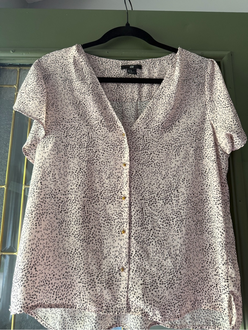 H&M Pale Pink Short-Sleeve Printed Button-Down Blouse with Gold Buttons